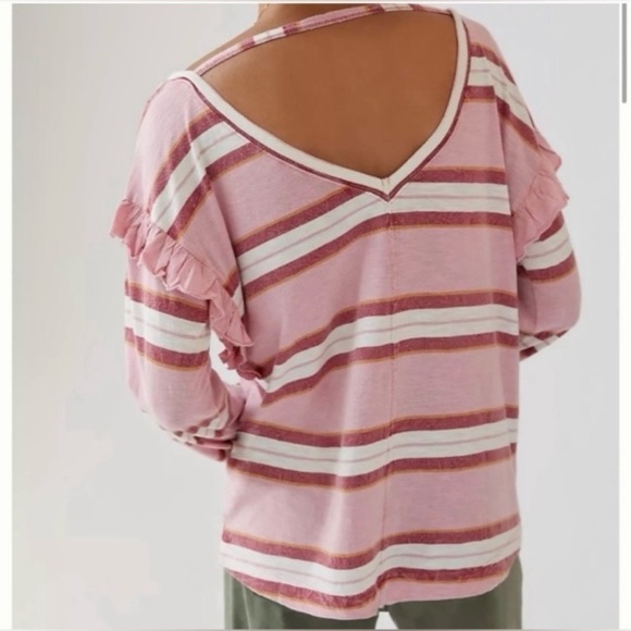 Anthropologie Pilcro Ruffled Open-Back Slouchy Oversized Shoulder Top Striped - Picture 7 of 16